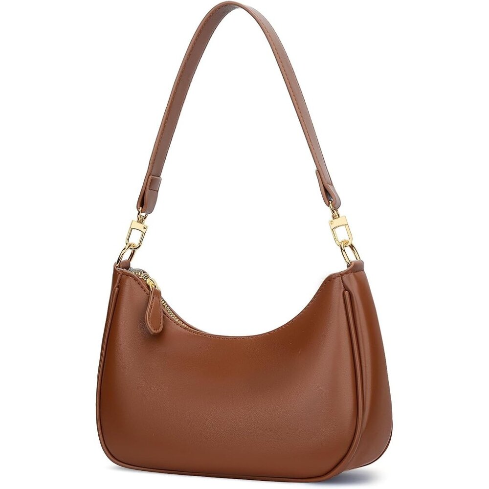Women's Brown PU leather Gold Chain Strap Underarm Zipper Pouch Hobo Purses